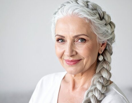 Close-up portrait of a mature woman with silver hair in a side braid, wearing a white shirt and pearl earrings, isolated on a light gray studio backdrop.