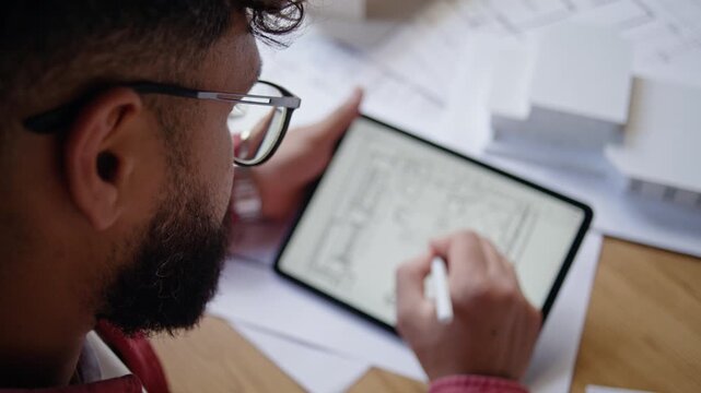 Architect edits digital floor plan on tablet near house model