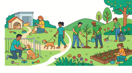 Naklejka premium People enjoying outdoor community garden together.