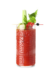 Glass of bloody mary cocktail with celery, lime and chili pepper on white background © Pixel-Shot