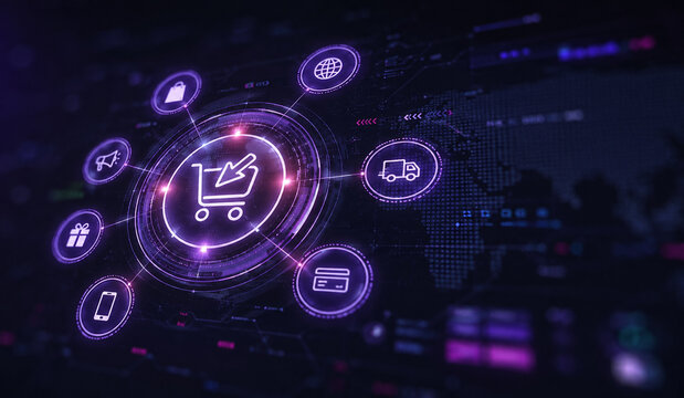 AI generated futuristic ecommerce ecosystem connected shopping services digital payments logistics marketing automation global online retail technology