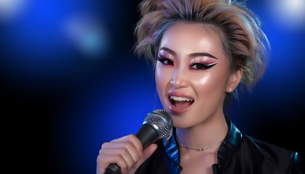 派手なメイクの女性シンガーがマイクで歌うライブパフォーマンス 
