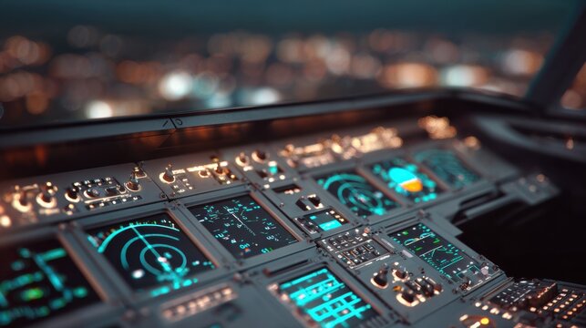 Intricate Aircraft Cockpit Radar System Controls and Displays Illuminated in a Modern Flight Deck