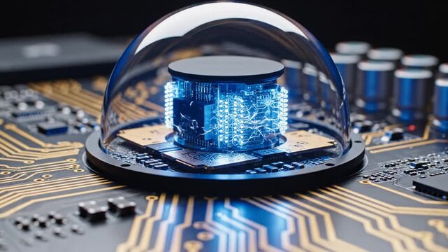 Futuristic quantum computer processor with glowing blue neural network pathways under a glass dome on motherboard