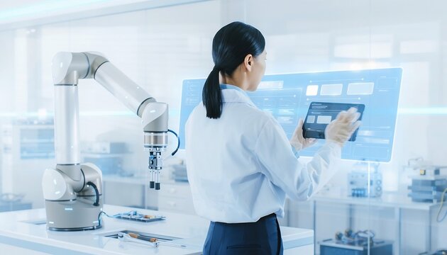 未来のラボでロボットアームを操作する女性研究員（俯瞰）