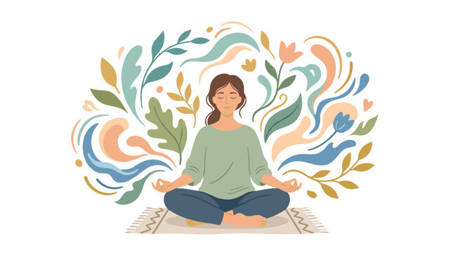Woman meditating in lotus pose surrounded by abstract floral and organic shapes representing peace and nature vector