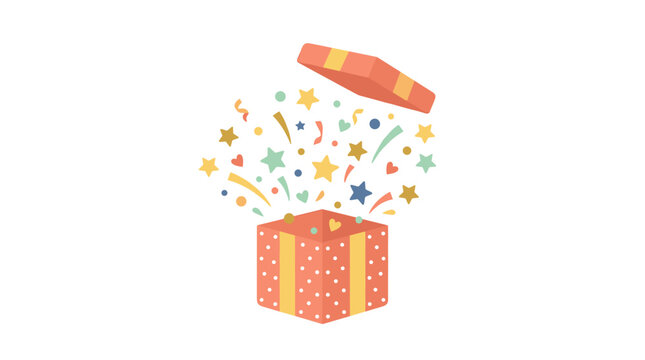 Surprise gift box exploding with colorful confetti stars and hearts illustration vector