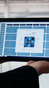 Vertical Video Close up of employee examining microchip circuit layout with tablet in factory office.