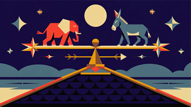 Political balance illustration with elephant and donkey on weather vane under night sky, bipartisan democracy concept art