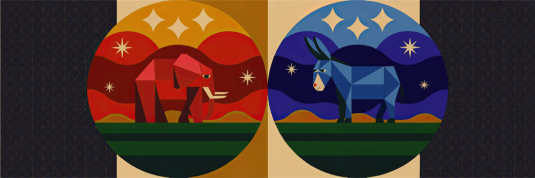 Geometric elephant and donkey illustration, red and blue political animals facing off, abstract night sky, modern vector art