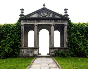 Fototapeta premium A stone archway with columns and ornate carvings stands at the end of a paved walkway, flanked by manicured hedges and greenery