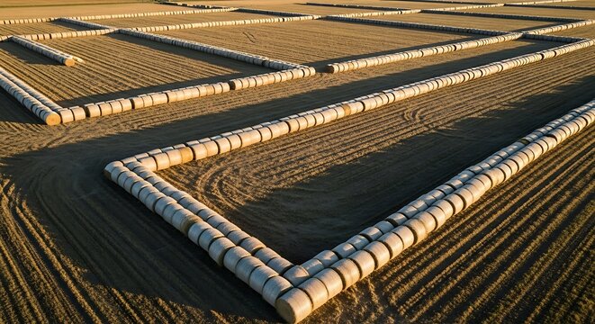 An aerial view showing symmetrical patterns of alfalfa bales arranged in large rectangular formations across a vast agricultural field at golden hour