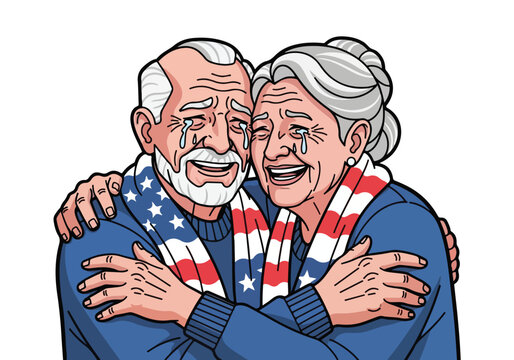 Elderly couple embracing with American flag scarves on a white background