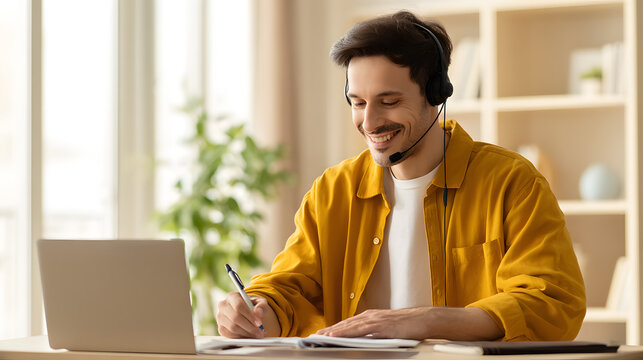 A young man is seen sitting at a desk in a bright room with a laptop and headset, smiling while taking notes and participating in an online learning session. His focus and dedication is evident in the