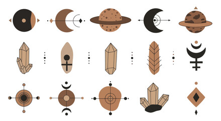 Celestial and Mystical Elements Collection with Planets, Crystals, and Spiritual Symbols. © Welas