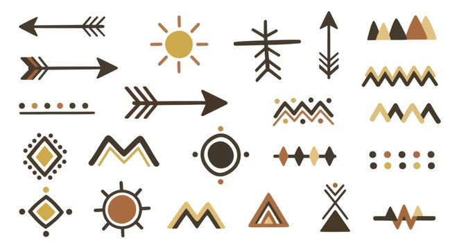 Boho tribal elements set with arrows sun and mountains.