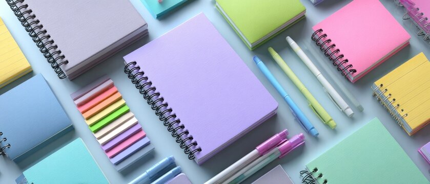 Notebooks pens and sticky notes on a light blue surface