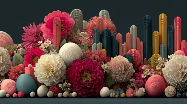 Seasonal blossoms and decor: an ode to spring's splendor. Profit projection. Intricate scene with butterflies and dew amidst spring holiday decor. Economic growth. Business metrics.