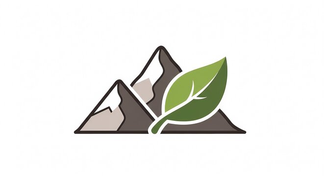 Eco-friendly Mountain Landscape with Green Leaf Symbol.