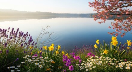 Obraz premium Scenic lake view with blooming spring flowers in foreground.
