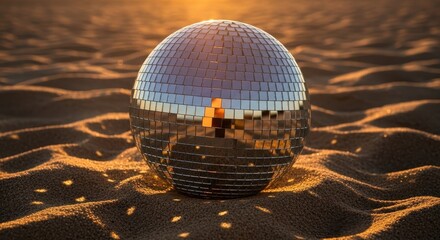 Disco ball reflecting sunset in sandy desert landscape.