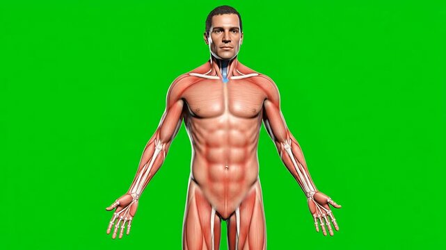 3D CGI Medical Animation of Male Integumentary System on Green Chroma Key Background for Healthcare and Educational Use