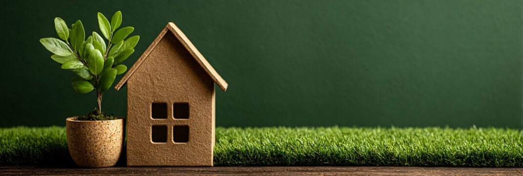 Cardboard house model with potted green plant on lush grass, symbolizing eco-friendly living and sustainable home development