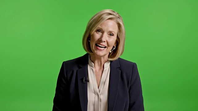 A Confident Businesswoman Smiling Directly Into Camera With Green Screen Background Perfect For Video Overlay And Chroma Keying
