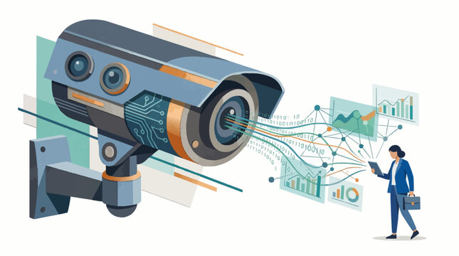 Surveillance camera processing data streams and analytics displayed on screens with a businesswoman observing