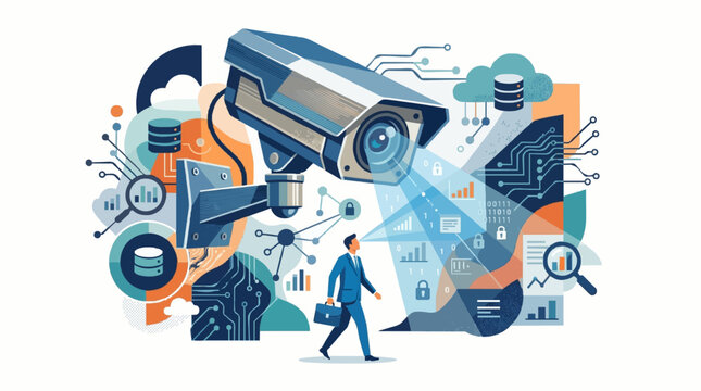 Surveillance camera monitoring a businessman walking through a digital landscape with data and security icons
