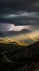Fototapeta premium Dramatic Mountain Landscape with Lightning Storm and Sunbeams.