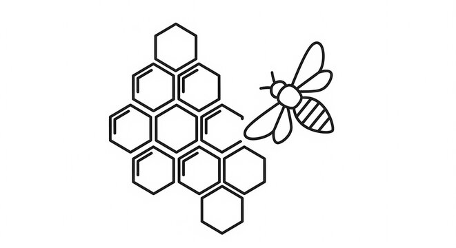 Simple Line Art Illustration of a Bee and Honeycomb.