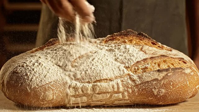 Artisan Hand Tossing Coarse Flour Across Rustic Ciabatta Loaf in Warm Kitchen Setting for Culinary Baking Process
