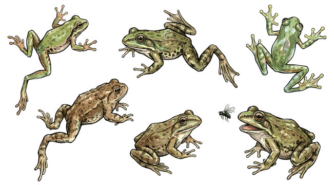 Detailed frog drawing vector set showing realistic amphibians in various dynamic poses jumping sitting and catching a fly isolated.