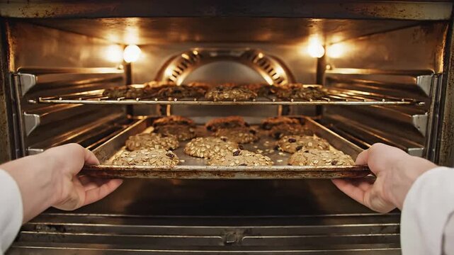 Baker Sliding A Tray Of Chunky Oatmeal Raisin Cookies Into An Industrial Oven For Baking - Close Up Kitchen Scene