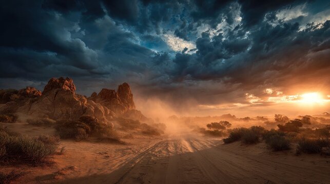 Desert landscape with dramatic sky and road