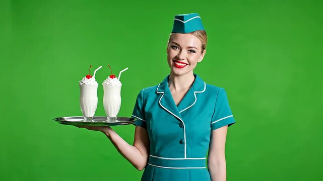 Charming Waitress in 1950s Teal Uniform Presenting Ice Cream Floats Against Vibrant Green Screen Background, Perfect for Retro Diner and Hospitality Themes