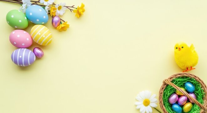 Easter Eggs and Chick Decoration on Yellow Background.