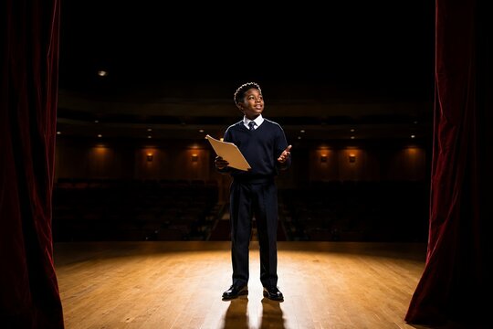 A young student standing on a theater stage holding a script and performing for an audience.