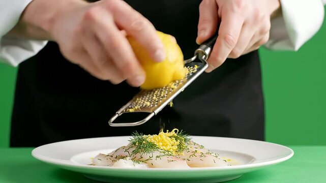 Chef's Hands Zesting A Bright Yellow Lemon Over A Finished Dish In A Professional Kitchen Setting With Green Background