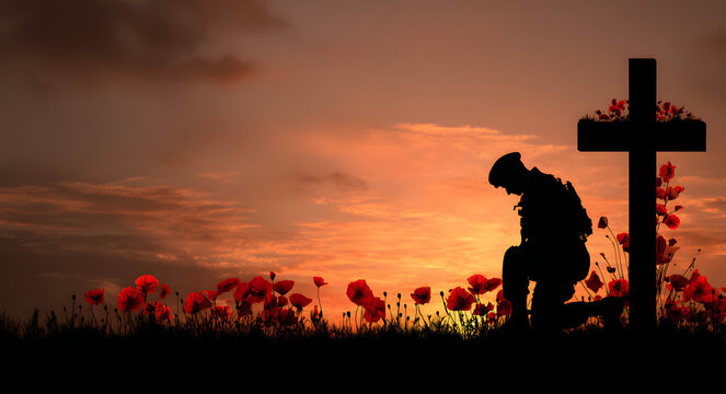 A soldier kneeling in prayer near a cross at sunset, with poppies in sight, to commemorate fallen heroes and military remembrance