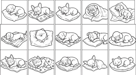 Obraz premium Sleeping puppies in various cozy positions on cushions.