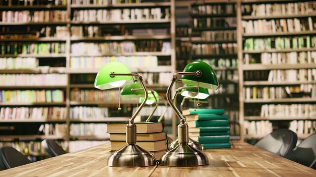 Stack of hardcover books on wooden study desk in empty library, quiet reading room for academic learning and knowledge.