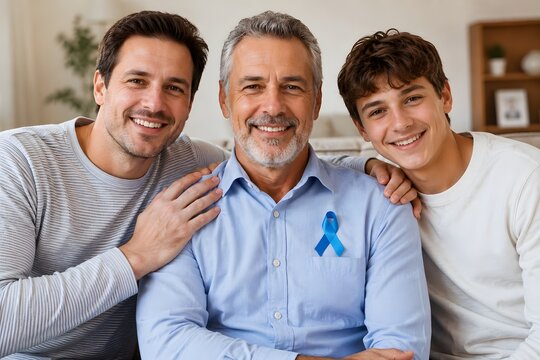 Happy family of three generations of men sitting together, with the grandfather wearing a blue ribbon for prostate cancer awareness campaign.