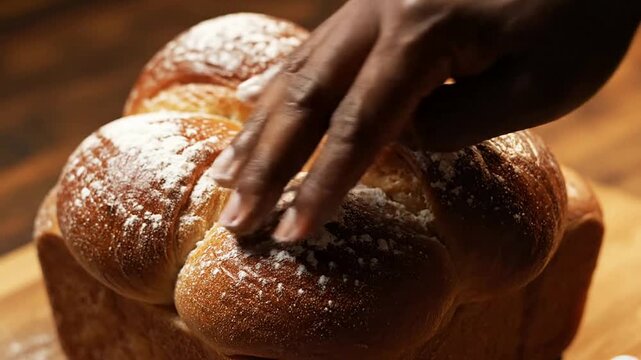 Close-Up Of A Golden-Brown Brioche Loaf Being Gently Pinched With Flour By A Human Hand In A Cooking Scene