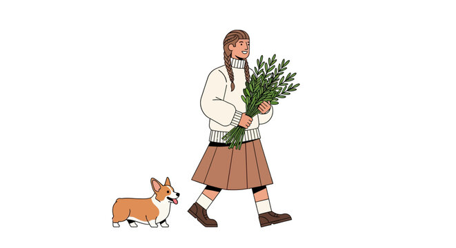 Woman walking corgi dog while holding green plant.