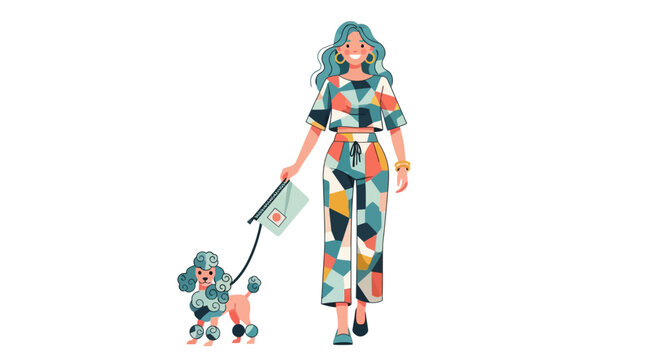 Woman in colorful dress walking a poodle on a leash.