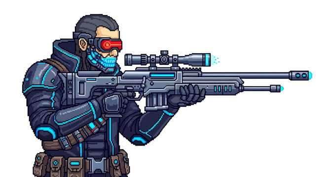 Pixel Art Cyberpunk Sniper Character Holding Futuristic Rifle.