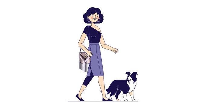 Woman walking her black and white dog outdoors.