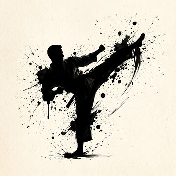 A dynamic black silhouette of a martial artist mid-kick, with expressive ink splatters on a light background